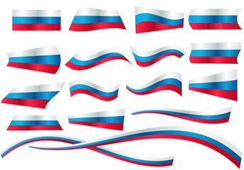 collection of Russian flags of different shapes, ribbon with the Russian tricolor