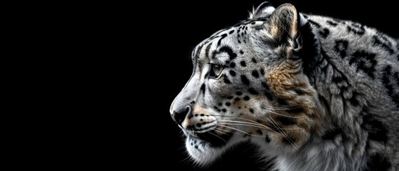 Obraz premium snow leopard's presence is highlighted against the black background, its beauty and grace mesmerizing in the darkness