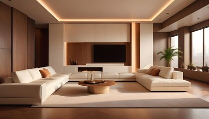 High end modern living room with white leather couch and a large flat screen tv mounted on the wall, brutalist architecture mixed with modern futuristic minimal design