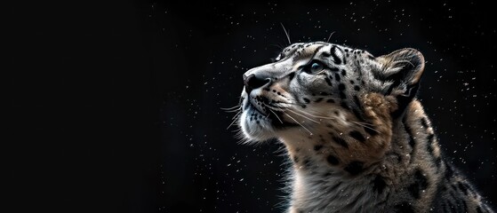 snow leopard's presence is highlighted against the black background, its beauty and grace mesmerizing in the darkness