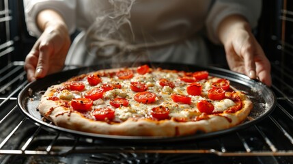 Woman removing a delicious pizza from the oven, freshly baked and ready to serve