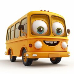 Yellow bus with eyes , illustration 3 D, cartoon style.