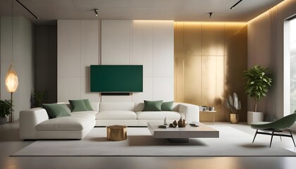 High end modern living room with white leather couch and a large flat screen tv mounted on the wall, brutalist architecture mixed with modern futuristic minimal design