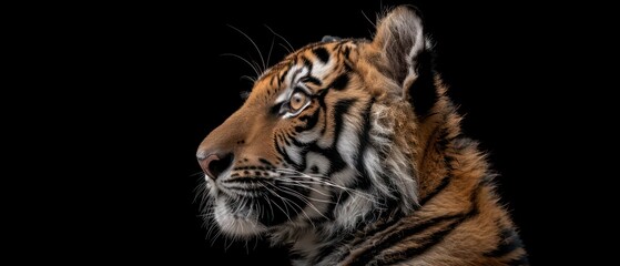 Fototapeta premium A tiger's form stands out against the black backdrop, its majestic presence commanding attention