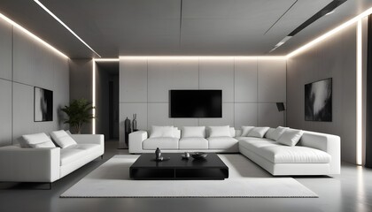 High end modern living room with white leather couch and a large flat screen tv mounted on the wall, brutalist architecture mixed with modern futuristic minimal design