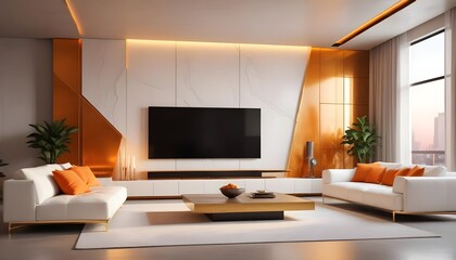 High end modern living room with white leather couch and a large flat screen tv mounted on the wall, brutalist architecture mixed with modern futuristic minimal design