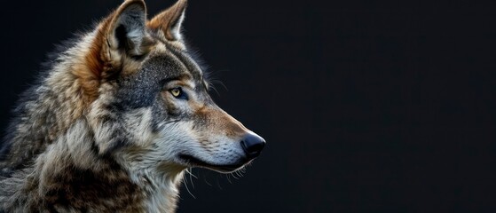 Fototapeta premium wolf looks away, its majestic presence highlighted against the enveloping black background