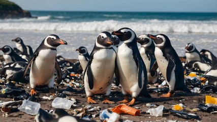 Flock of Penguins on the beach with rubbish. Marine and beach pollution. Ai Generative.