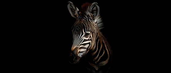 A zebra, poised and serene, looks away against the stark contrast of a black background