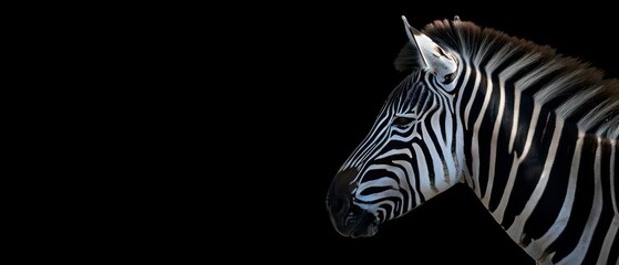 Naklejka premium A zebra, poised and serene, looks away against the stark contrast of a black background