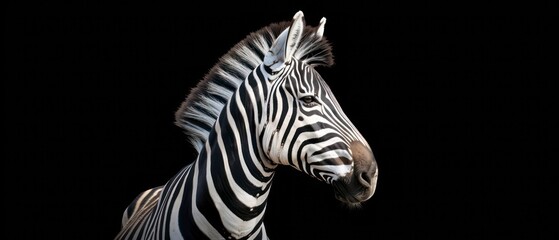 A zebra, poised and serene, looks away against the stark contrast of a black background