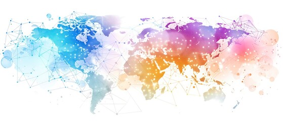 beautifully illustrated world map, connecting continents in a watercolor network on a white background