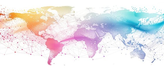 beautifully illustrated world map, connecting continents in a watercolor network on a white background