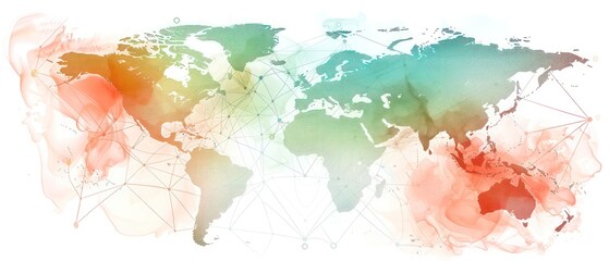 Obraz premium beautifully illustrated world map, connecting continents in a watercolor network on a white background