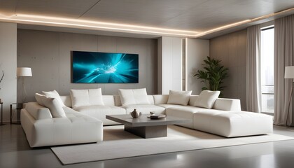 High end modern living room with white leather couch and a large flat screen tv mounted on the wall, brutalist architecture mixed with modern futuristic minimal design