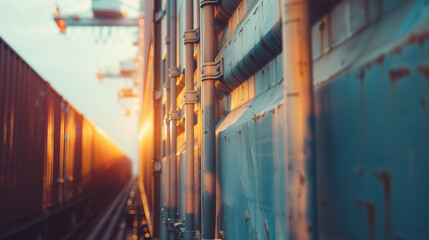 Shipping containers at sunset in industrial setting

