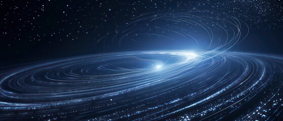 Smooth graphical orbit lines, set against a dark blue background, blend technology with sleek, colorful design