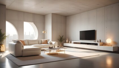 High end modern living room with white leather couch and a large flat screen tv mounted on the wall, brutalist architecture mixed with modern futuristic minimal design