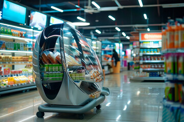 Smart self-driving cart in supermarket with variety of products inside. There are no people in it. Futuristic, AI concept.