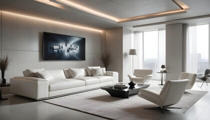 High end modern living room with white leather couch and a large flat screen tv mounted on the wall, brutalist architecture mixed with modern futuristic minimal design
