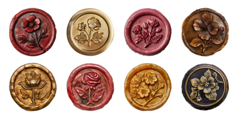 Collection of wax seal with flower pattern isolated on a transparent background, cut out, PNG