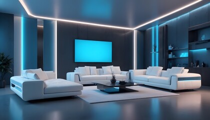 High end modern living room with white leather couch and a large flat screen tv mounted on the wall, brutalist architecture mixed with modern futuristic minimal design