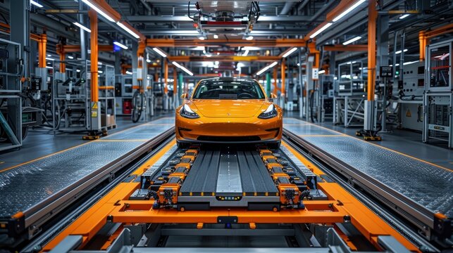 A production line for electric vehicles at the Advanced Automated Bright Factory. A high-performance electric car manufacturing facility.