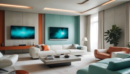 High end modern living room with white leather couch and a large flat screen tv mounted on the wall, brutalist architecture mixed with modern futuristic minimal design