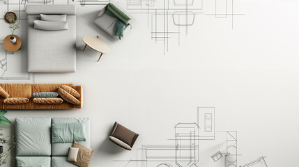 Abstract plan with space for text related to interior design: textures imitating furniture layout plans, sketches of modern sofa, armchair, bed with thin lines on a white background