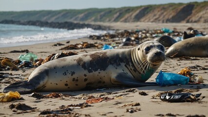 Seals on the beach with rubbish. Marine and beach pollution. Ai Generative.