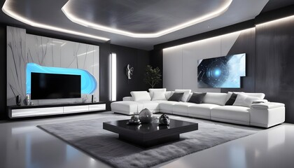 High end modern living room with white leather couch and a large flat screen tv mounted on the wall, brutalist architecture mixed with modern futuristic minimal design