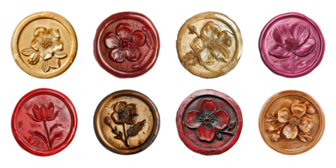 Collection of wax seal with flower pattern isolated on a transparent background, cut out, PNG