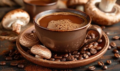 Fototapeta premium mushroom coffee served in a cup on a wooden table accompanied by additional mushrooms and coffee beans. State-of-the-art superfood concept with text options and selective detailing