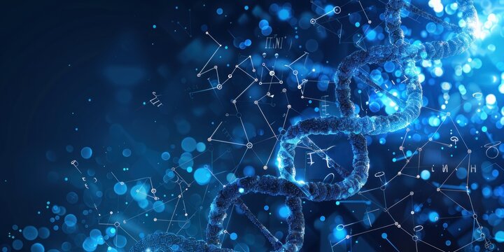 AI Science: Light Blue Background Featuring DNA Strands and Amino Acid Chemical Formulas