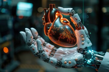 A robot hand grasping a holographic heart, symbolizing advanced medical technology and artificial intelligence in healthcare innovation