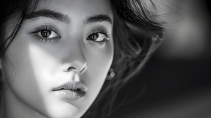 Fototapeta premium Enigmatic Female Face in Monochrome Close-Up Portrait with Pensive Expression