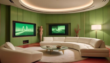 High end modern living room with white leather couch and a large flat screen tv mounted on the wall, brutalist architecture mixed with modern futuristic minimal design