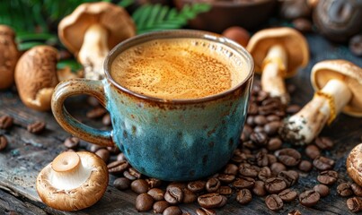 mushroom coffee in a cup on a wooden background, surrounded by mushrooms and coffee beans. Trendy superfood concept with copy space and selective focus