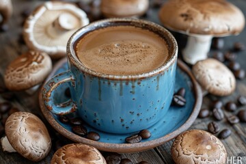 Mushroom coffee cup on the table, encircled by mushrooms and coffee beans