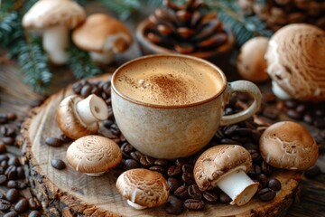 A table set with a cup of mushroom coffee, surrounded by mushrooms and coffee beans