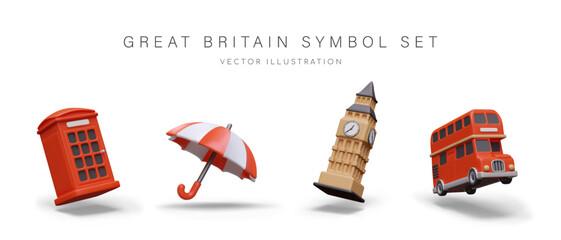 Red telephone box, umbrella, Big Ben, double decker bus
