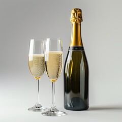Sparkling wine bottle and glasses on a white background,