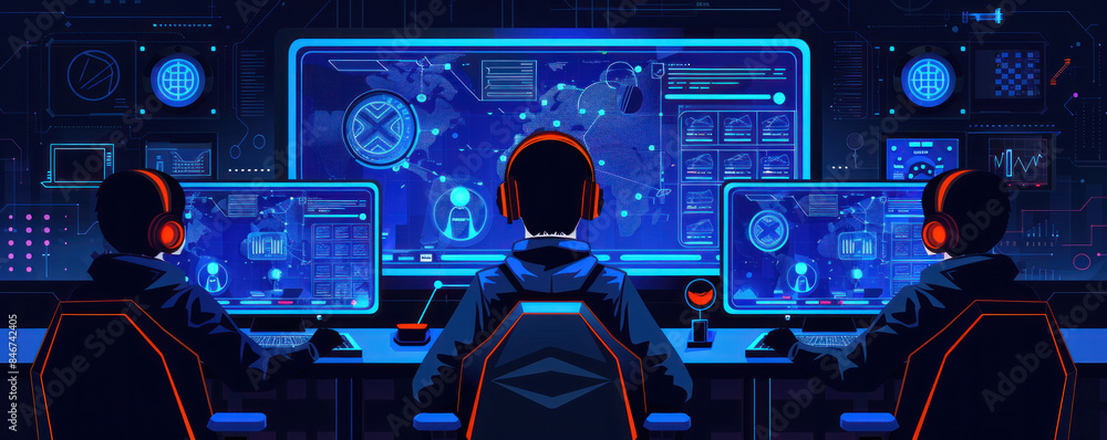 Poster three people are sitting in front of computer monitors, wearing headphones. the monitors are display