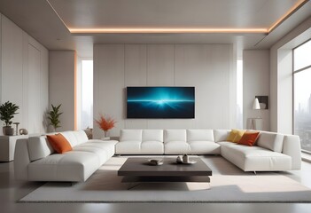 High end modern living room with white leather couch and a large flat screen tv mounted on the wall, brutalist architecture mixed with modern futuristic minimal design