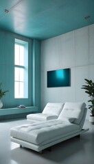 High end modern living room with white leather couch and a large flat screen tv mounted on the wall, brutalist architecture mixed with modern futuristic minimal design