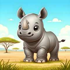 Fototapeta premium A cute baby rhinoceros standing in a grassy savanna with a playful expression.