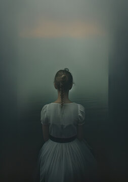 portrait of  the back of a woman in sarrow with foggy background