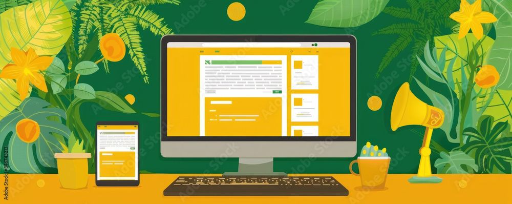 Poster a computer monitor with a yellow background and a green plant behind it. a keyboard and a cell phone