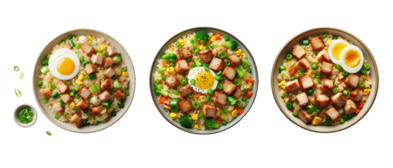 Set of pork fried rice with tender small pork pieces, mixed vegetables, and scrambled eggs, garnished with green onions