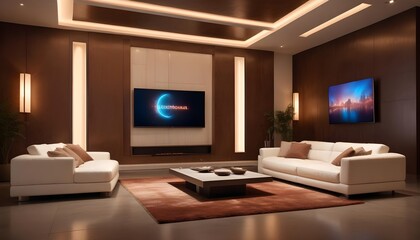 High end modern living room with white leather couch and a large flat screen tv mounted on the wall, brutalist architecture mixed with modern futuristic minimal design